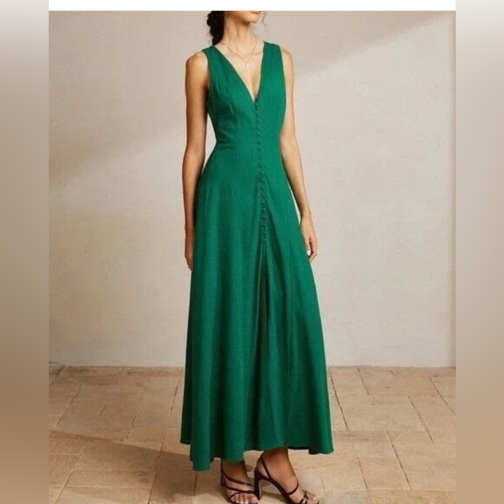 NWT - Commense Sleeveless Button Front V-Neck Maxi Dress Green Sundress Medium